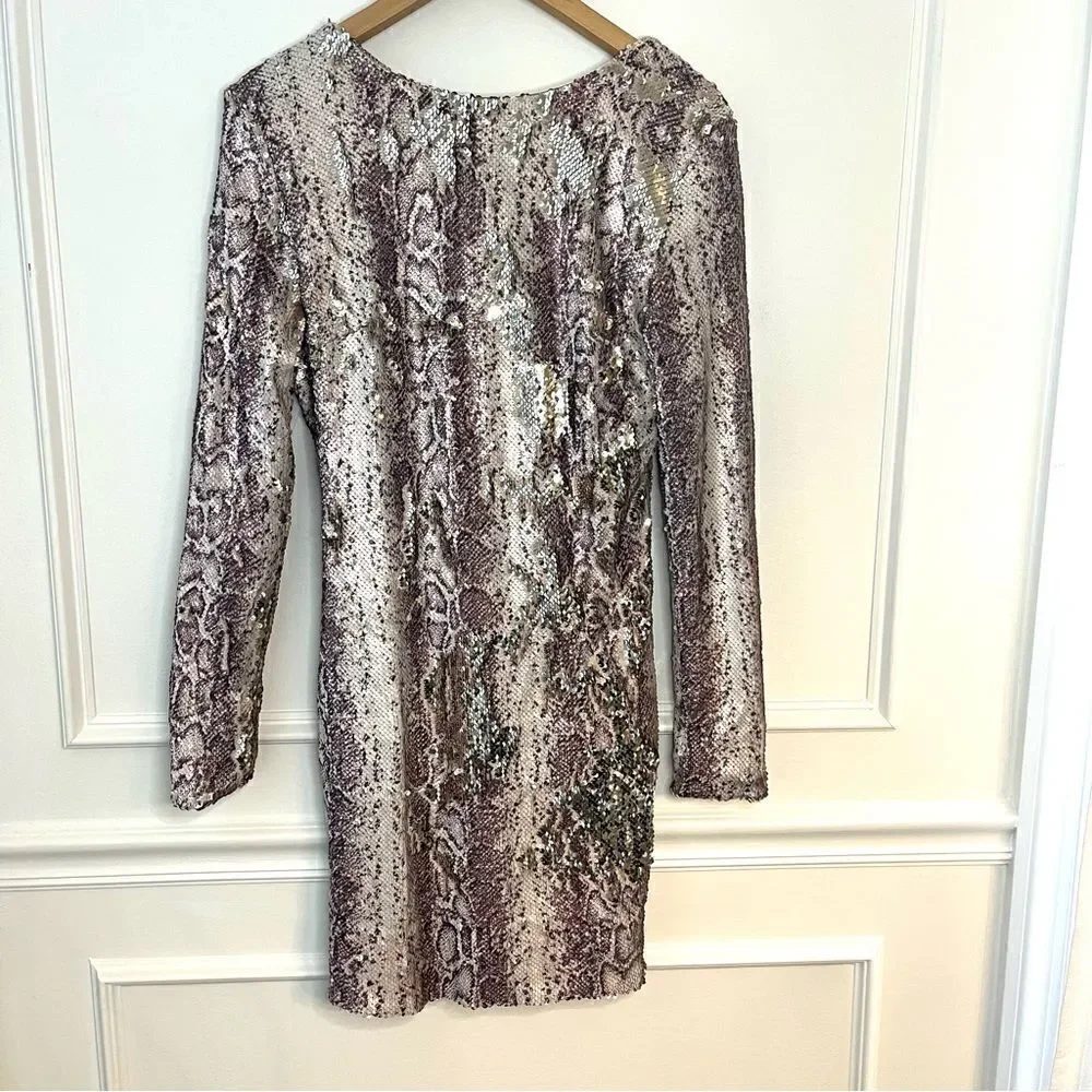 Dress The Population Long Sleeve Sequin Stretch Dress in Python, Size Large, NWT